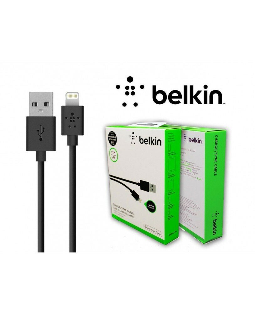 Кабель Belkin USB 8 pin Lightning для Apple iPhone 5/5S/SE/6/6 Plus/6S/7/8/X (10)/Xr/Xs/Xs Max/11/11 Pro/12/12 Mini/13/13 Pro Max/SE 2022/iPad/iPod/AirPods 1.2 м Черный