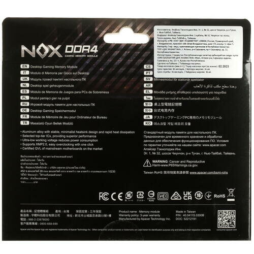 Оперативная память для компьютера 8Gb (1x8Gb) PC4-25600 3200MHz DDR4 DIMM CL16 Apacer NOX AH4U08G32C28YMBAA-1