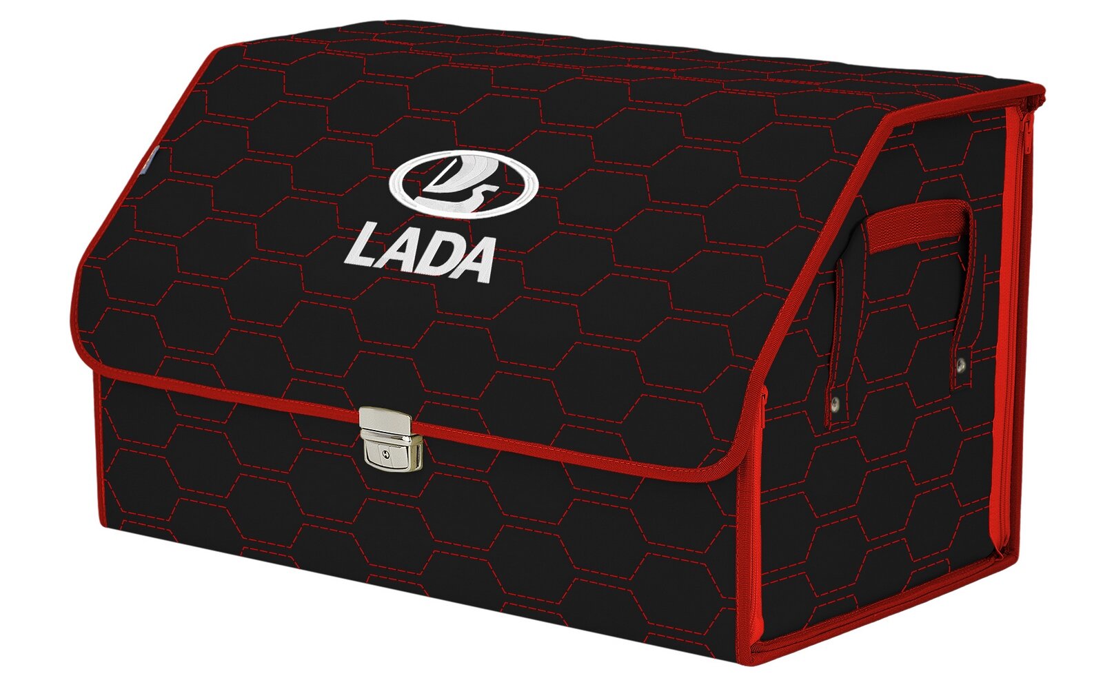 Органайзер-саквояж в багажник "Союз Премиум" (размер XL). Цвет: черный с красной прострочкой Соты и вышивкой LADA (лада).