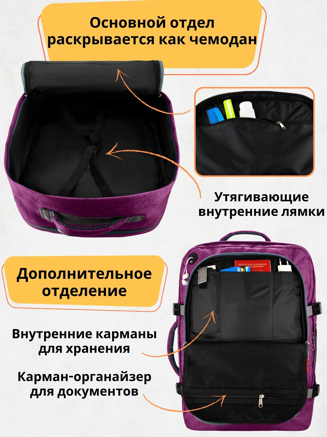 Рюкзак сумка чемодан ручная кладь S в самолет дорожная 44 л, сиреневый - фотография № 2