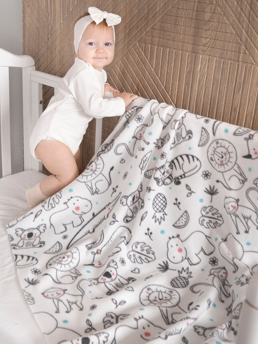 фото Плед флисовый 100х118 см, для новорожденных в кроватку коляску, "Джунгли"