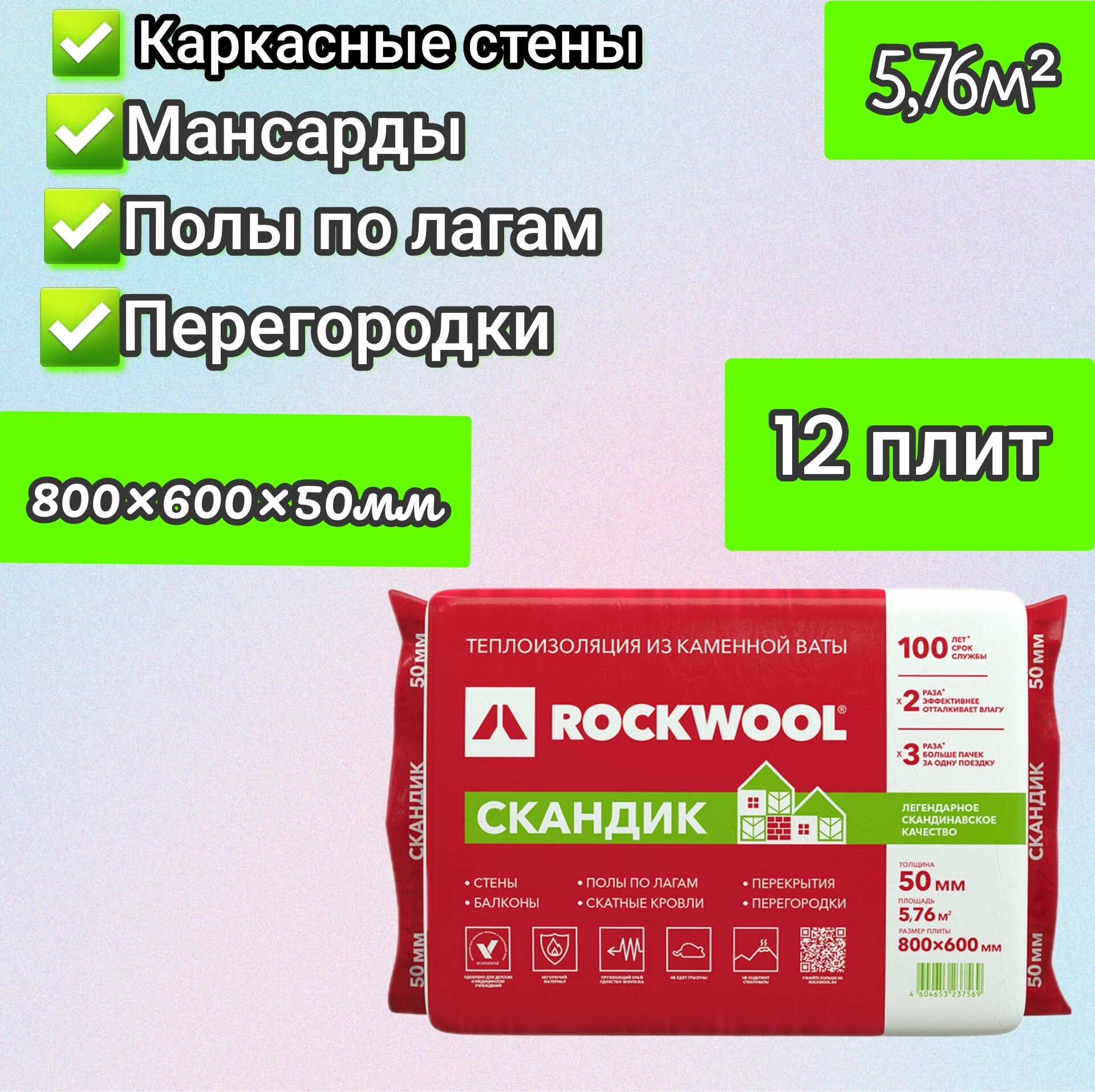 Утеплитель для стен, перегородок, потолка, теплоизоляция из каменной ваты Rockwool 50мм 5,76м2