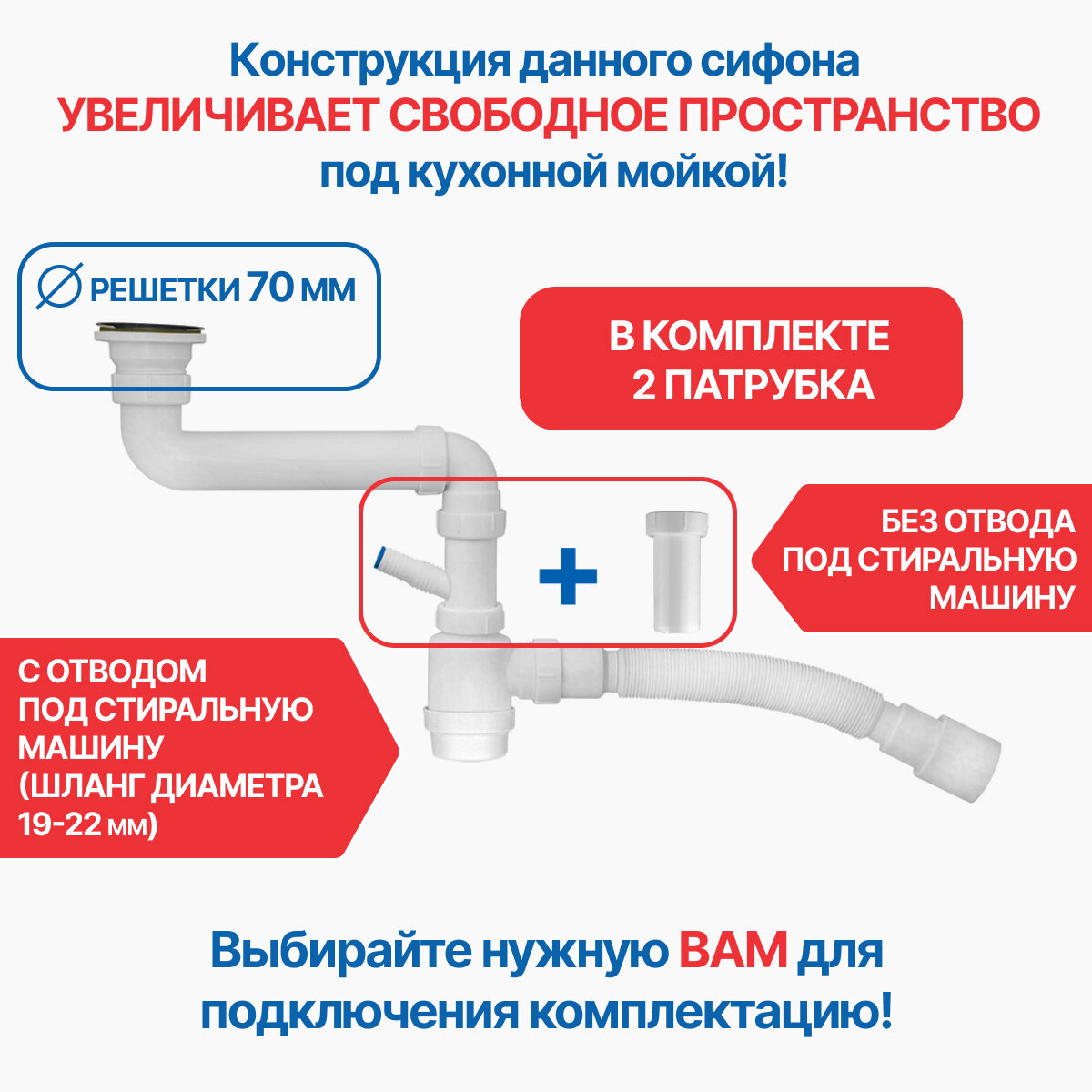 Сифон для кухонной мойки 2 в 1, 1.1/2"х40, с и без отвода для стиральной машины с гибкой трубой 40х40/50