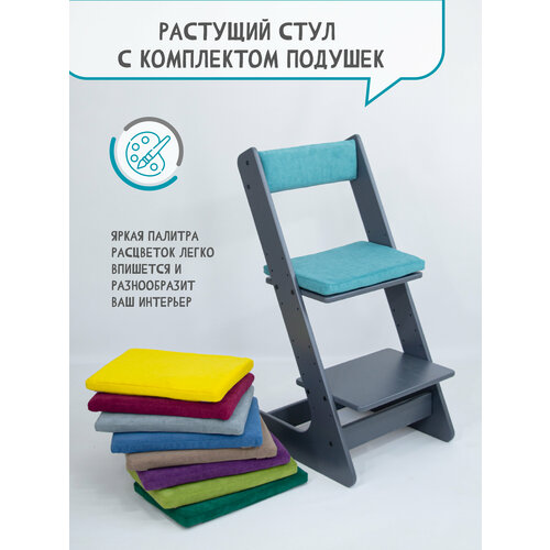 Растущий стул графит для детей школьника с подушкой на стул со спинкой, цвет бирюзовый