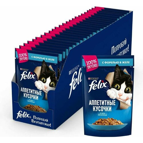 Влажный корм FELIX Аппетитные кусочки для взрослых кошек, с форелью в желе, Пауч, 85 г, 24 шт