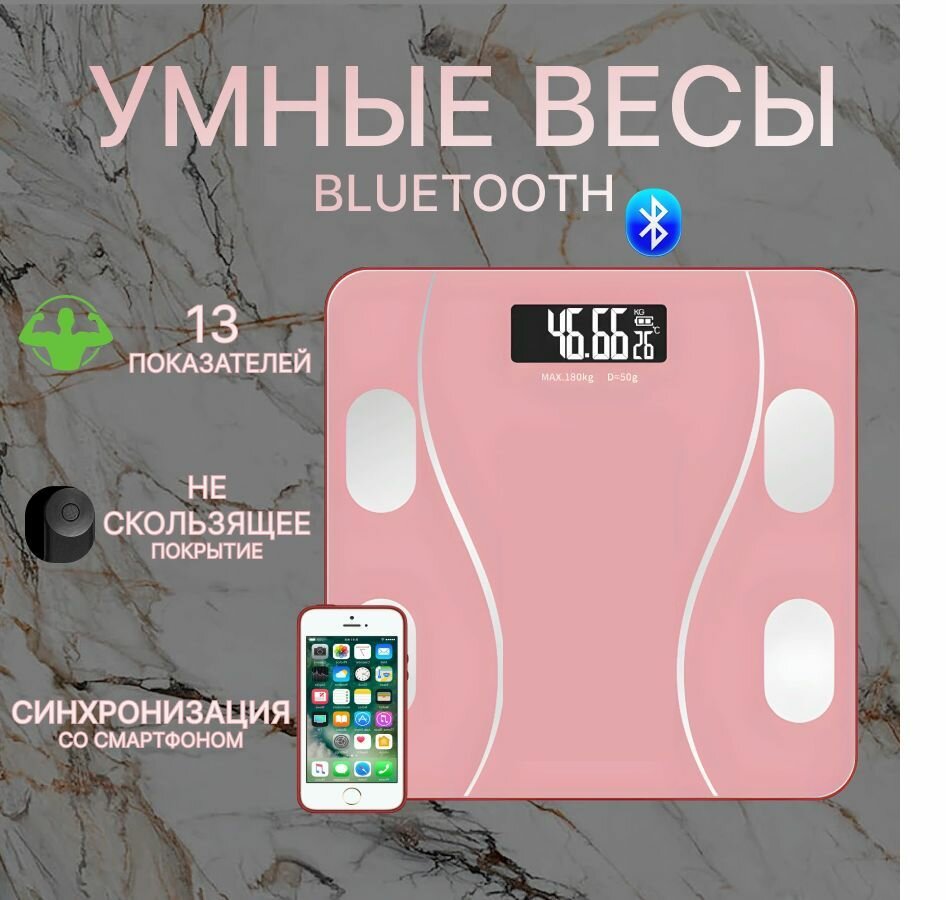 Умные напольные весы/ электронные весы с подключением к телефону/ цвет розовый