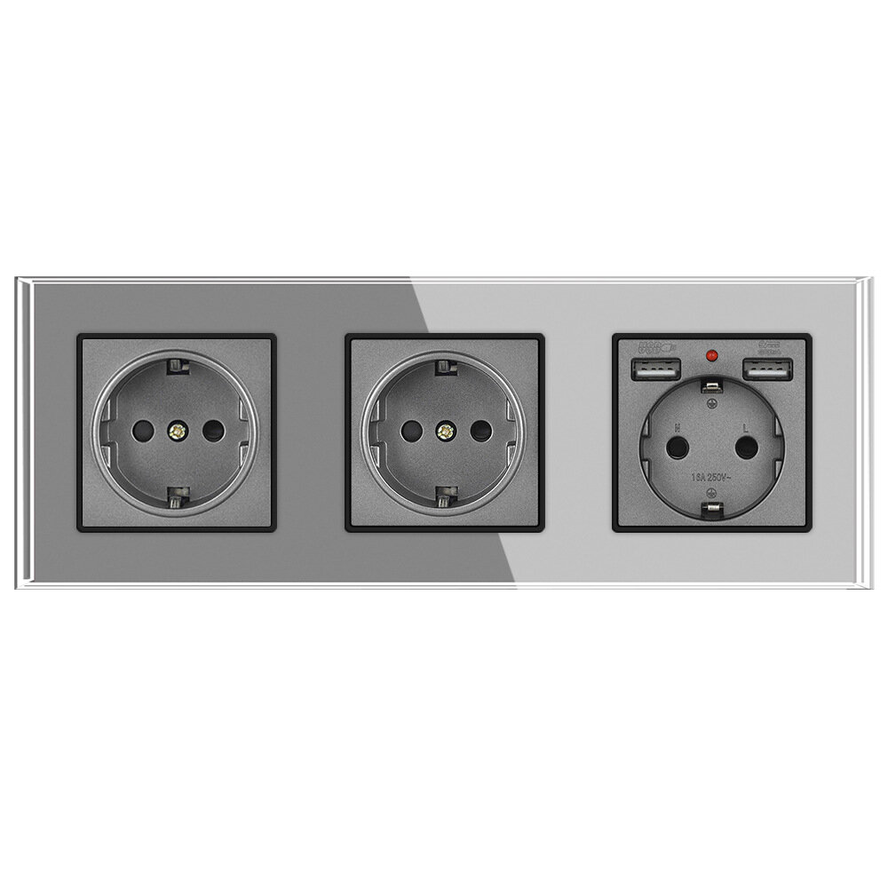 Розетка тройная с 2 USB-портами, 16А 250В, со шторками, рамка закаленное стекло, цвет серый