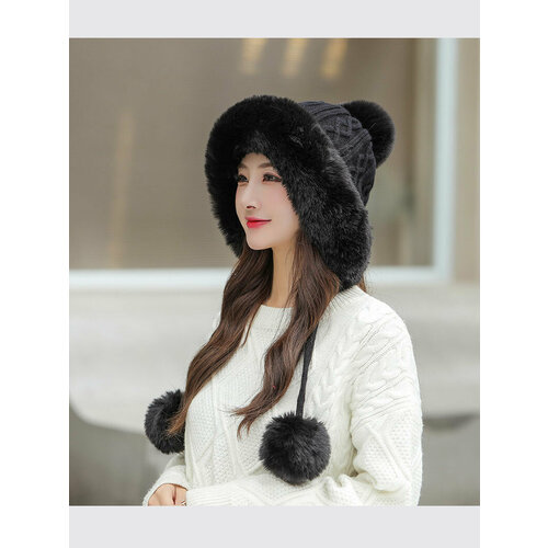 фото Шапка корейская женская шапка, демисезон/зима, с помпоном, вязаная, утепленная, размер 54/58, черный jiuce