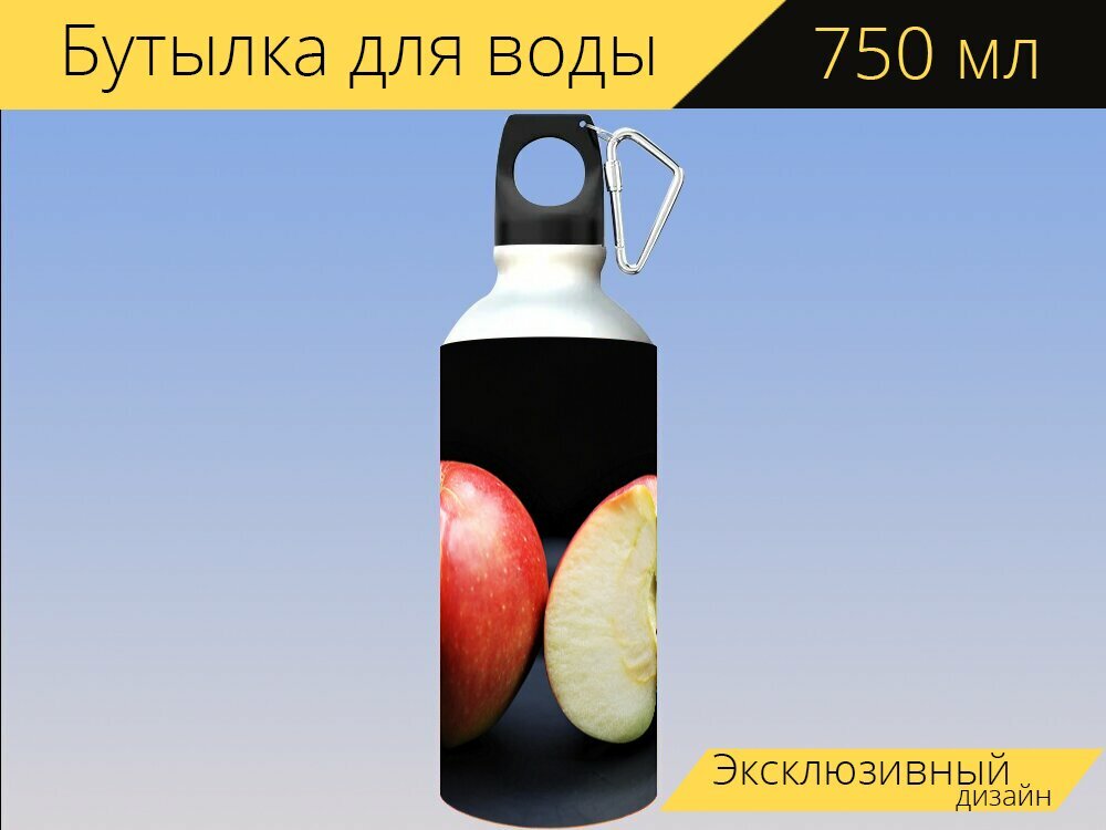 Бутылка фляга для воды "Яблоко, фрукты, спелый" 750 мл. с карабином и принтом