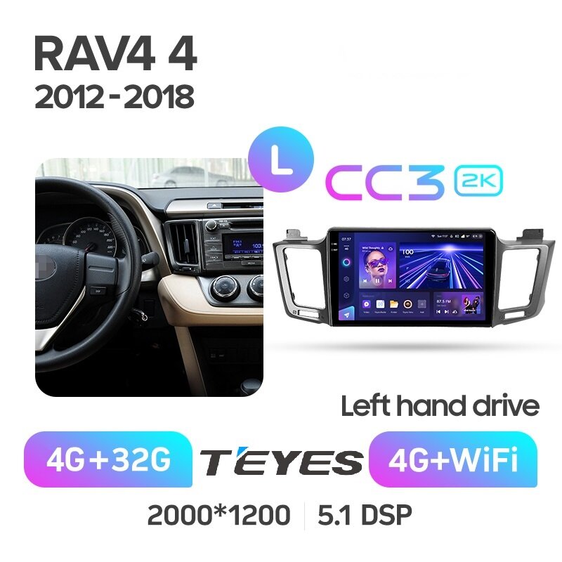 Магнитола Toyota RAV4 2012 - 2018 Teyes CC3 2k 4/32 ANDROID 8-ми ядерный процессор, QLED экран, DSP, 4G модем