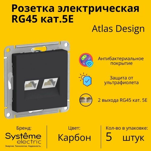 Розетка двухместная компьютерная электрическая Systeme Electric Atlas Design RJ45 кат.5E, Карбон ATN001085 - 5 шт. розетка двухместная компьютерная электрическая systeme electric atlas design rj45 кат 5e карбон atn001085 2 шт