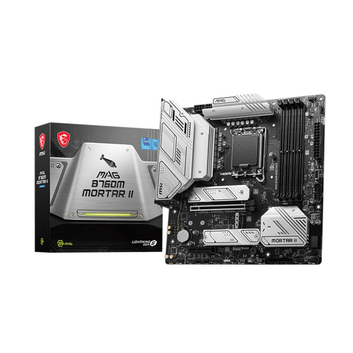 MSI MAG B760M MORTAR II mATX LGA1700 4DDR5 PCI-Ex16 PCI-Ex4 3M.2 4SATA3 USB3.2 Gen2x Wi-Fi 6E 25G Ethernet MAG B760M MORTAR II