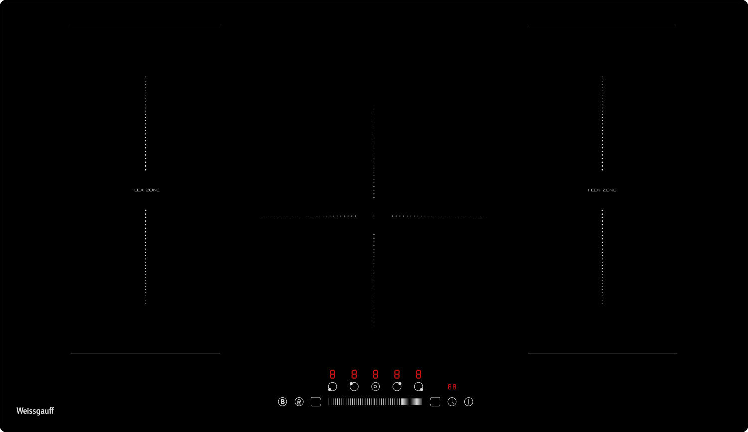 Индукционная варочная панель с инвертором Weissgauff HI 950 BSC Dual Flex,3 года гарантии, Непрерывный нагрев, Блок управления слайдер, Boost, Таймер, Мощность 9600 Вт, Ширина 90 см, 5 зон, Функция Flex Zone
