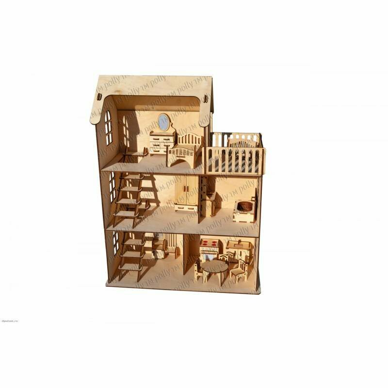 Кукольный домик с мебелью (спальня, ванна, кухня) для кукол до 12 см