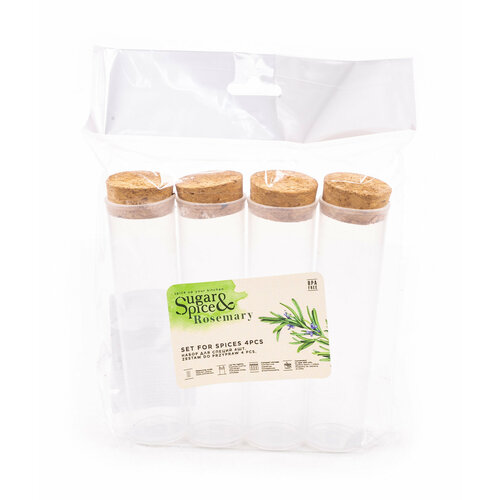 Набор для специй Sugar&Spice / Суга энд Спайс Rosemary ПЦ1053 с пробковыми крышками, для праздничного и повседневного стола, стекло, 3х3х12см, 4 предмета / емкость для приправ