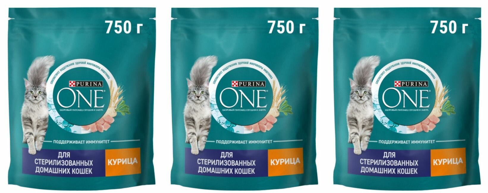 Purina ONE Сухой корм для стерилизованных домашних кошек, с курицей и цельными злаками, 750 г, 3 уп