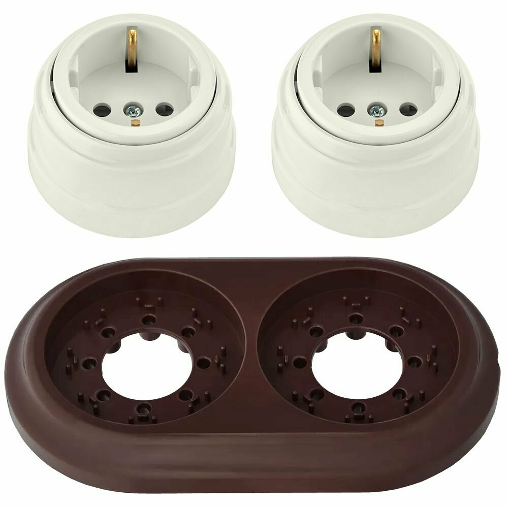 фото Розетка с з/к 2шт + Рамка 2-местная, Комплект электроустановочный "ретро", шоколад-бежевый