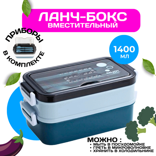 Ланч-бокс двухуровневый с приборами и отделениями для еды синий 950₽