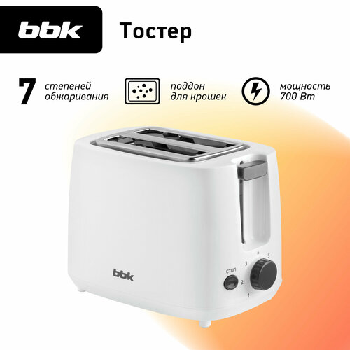 Тостер BBK TR82 белый, 700 Вт, 2 отделения, 7 режимов поджаривания — купить, цена, характеристики