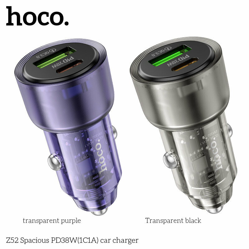 Автомобильное зарядное устройство HOCO Z52, 3A, 38W, 1xUSB, 1xUSB-C, PD20W, QC3.0 черное — фото 1