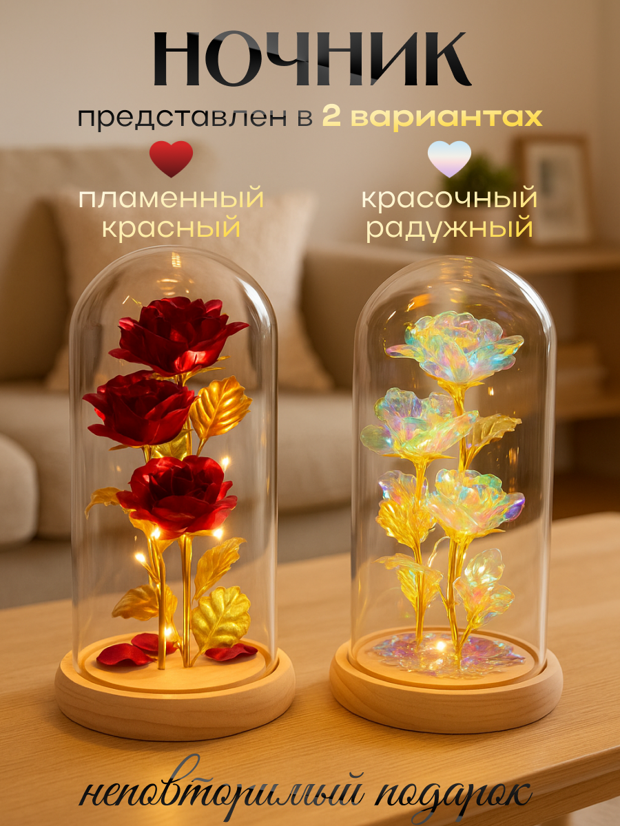 Роза в колбе ESEMA, с подсветкой RGB, на батарейках, настольная Прозрачная — фото 1