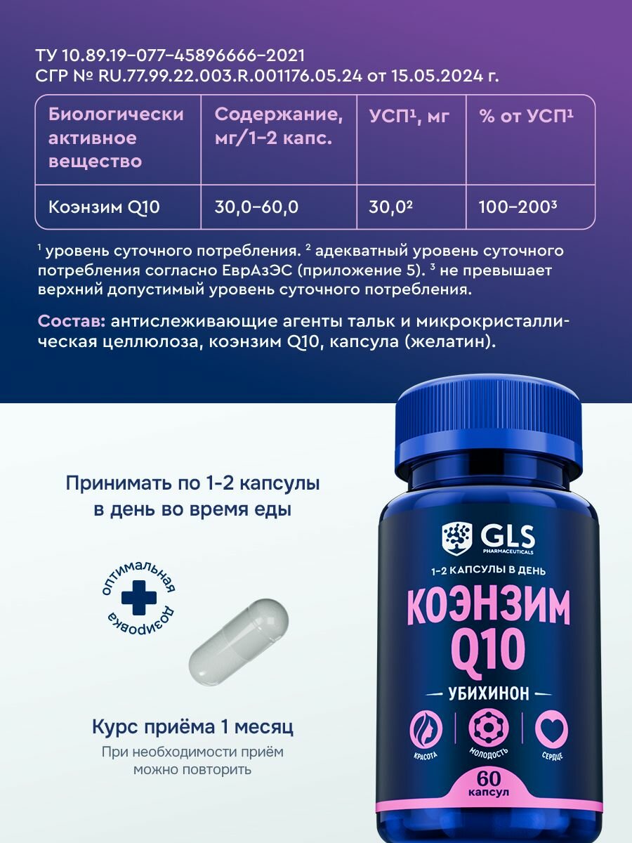 Коэнзим Q10 60 мг (Coenzyme Q10), БАД для красоты, молодости и энергии, антиоксидант / витамины для женщин и мужчины, 60 капсул — фото 1