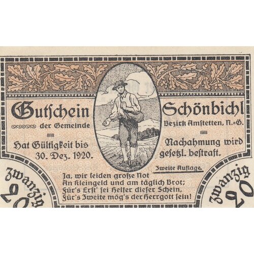 Австрия, Шёнбихль 20 геллеров 1920 г. австрия шёнбихль 50 геллеров 1920 г 3