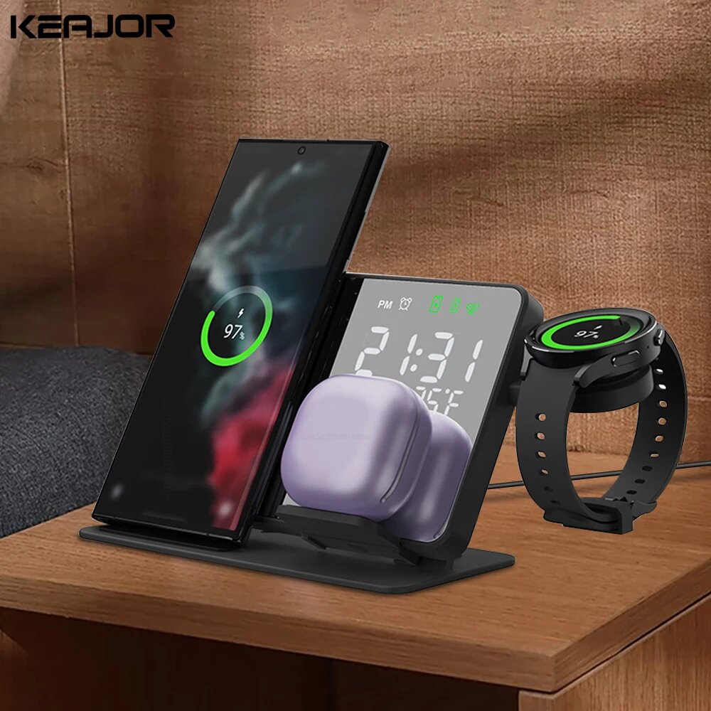 Беспроводное зарядное устройство 3 в 1 для Samsung Galaxy Watch 6 5 Pro, станция для быстрой зарядки для Galaxy S23, S22, S21, будильник, зарядные устройства, подставка, Black — фото 1