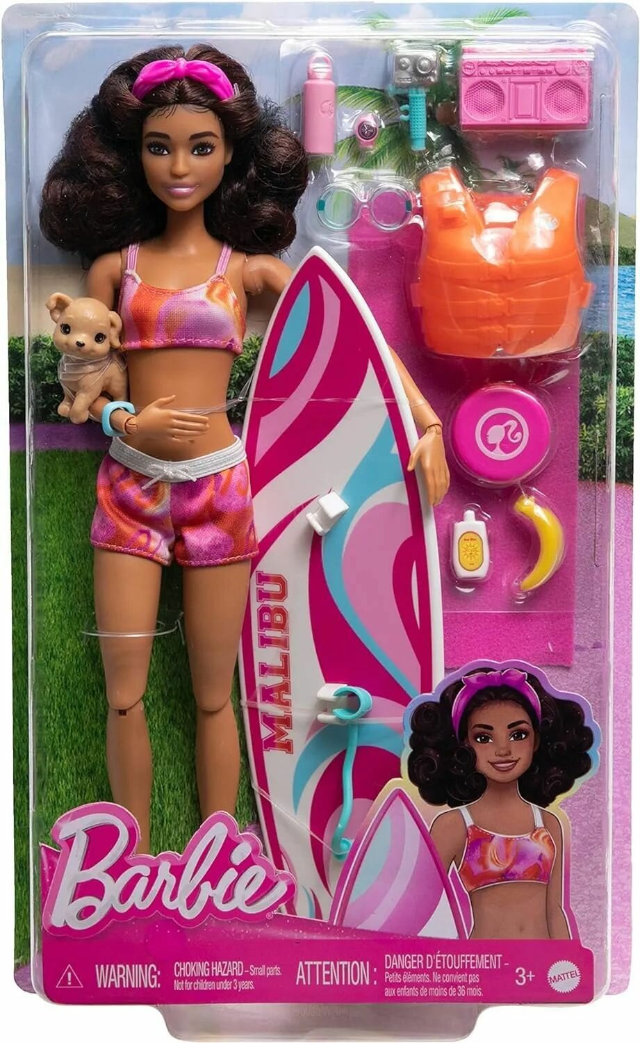 Кукла Barbie Брюнетка с доской для серфинга и щенком, шарнирная, HPL69