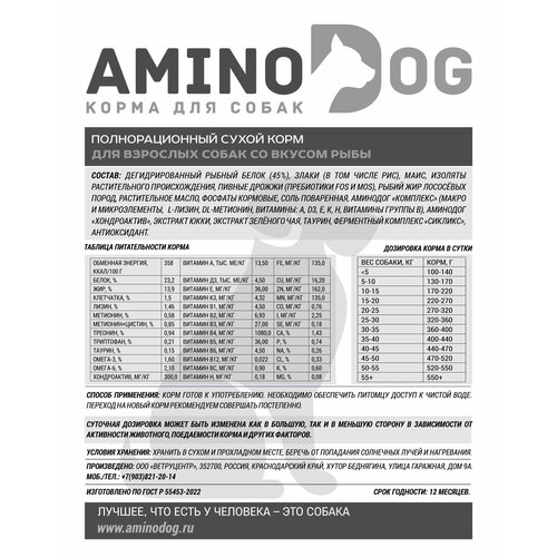 Корм сухой полнорационный для взрослых собак средних и крупных пород AminoDOG со вкусом рыбы 10 кг