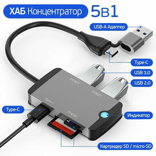 Мультифункциональный Хаб концентратор 5 в 1 Картридер USB-A и Type-С интерфейс 2 в 1 JY308-805 серый металлик 979₽
