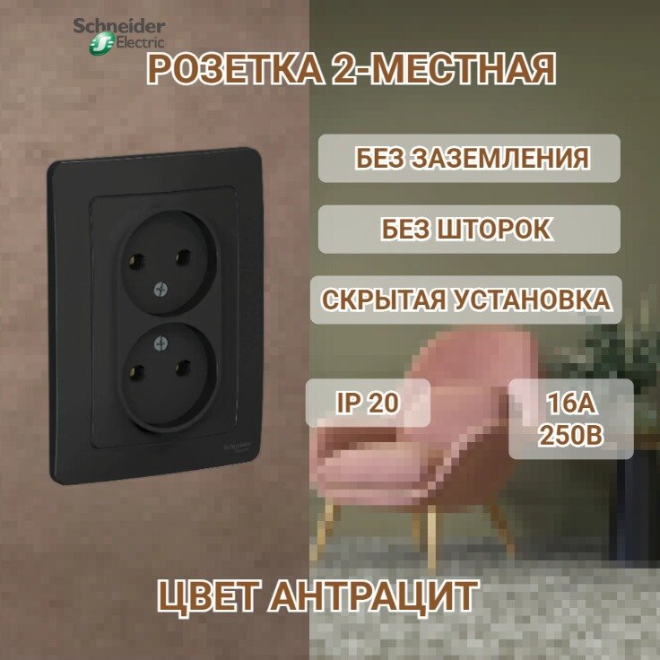 Розетка Systeme Electric Blanca внутр Антрацит 2-ая без заземления без шторок 16А 250В SE BLNRS000026