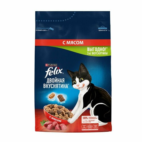 Сухой корм Felix Двойная Вкуснятина для взрослых кошек, с мясом, Пакет, 3 кг