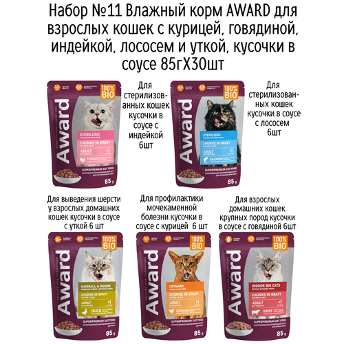 Набор №11 Влажный корм AWARD для кошек кусочки в соусе с курицей, говядиной, индейкой, лососем, уткой, 30 шт х 85 гр