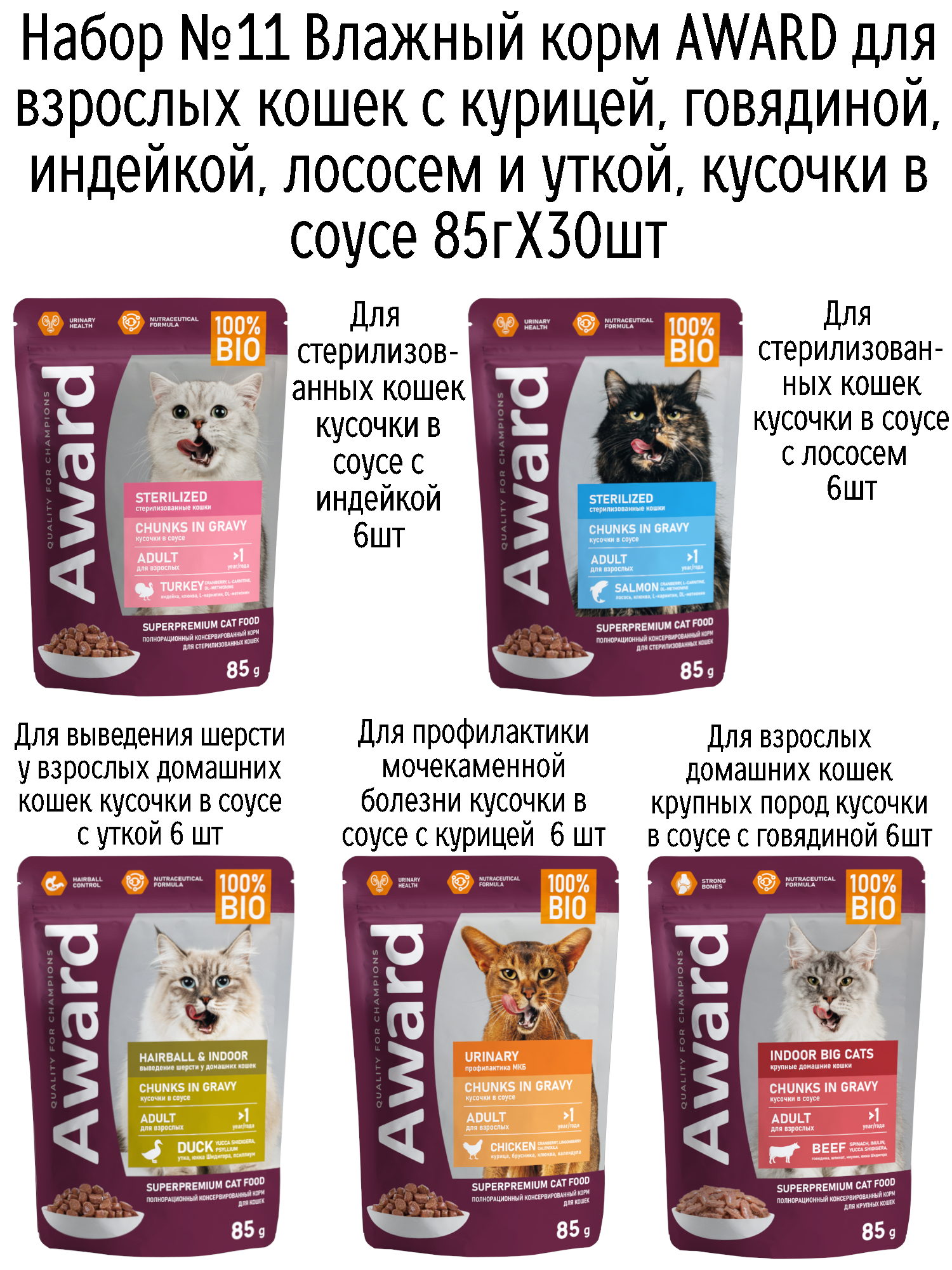 Набор №11 Влажный корм AWARD для кошек кусочки в соусе с курицей, говядиной, индейкой, лососем, уткой, 30 шт х 85 гр