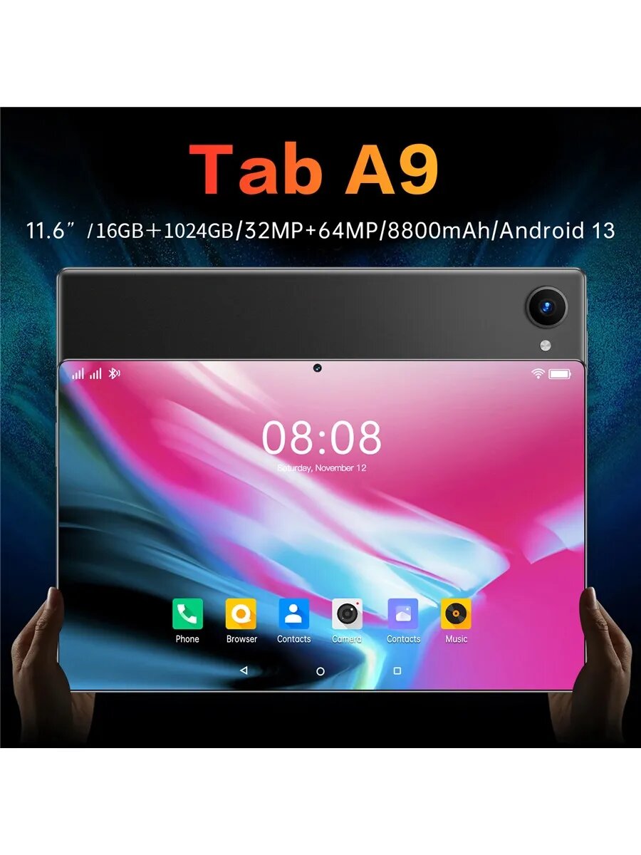 11.6"Игровой планшет Tab A9, Android 13, 1024ГБ+16ГБ, камера 13+8Мп, WiFi, Две Sim-карты, SD-карта, стилус — фото 1