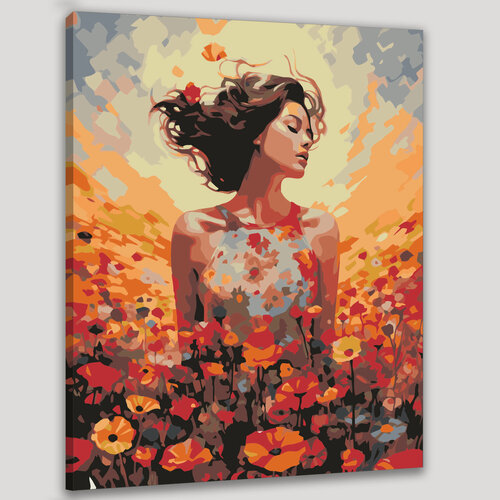 Изображение товара Картина по номерам 40x50 см, картина, масло, цветочное поле, цвета, красный, оранжевый, желтый, розовый, фиолетовый