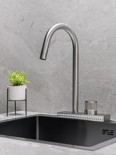 Изображение товара Смеситель для кухни, РМС SUS130-017F, с душем для овощей и фруктов, нержавеющая сталь, поворотный излив