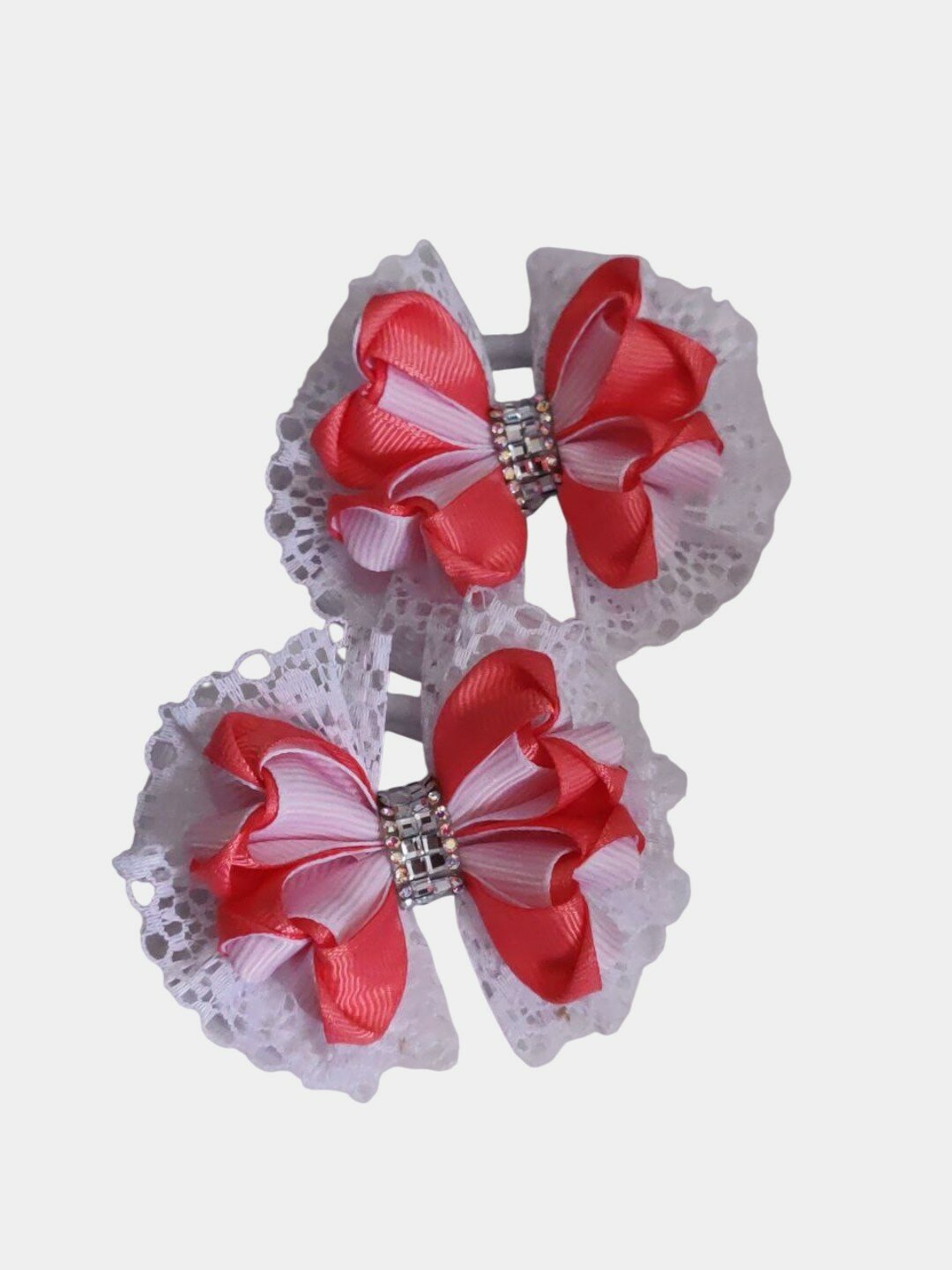 Бантики из репсовой ленты и кружева для девочек, 2 шт, коралл — фото 1