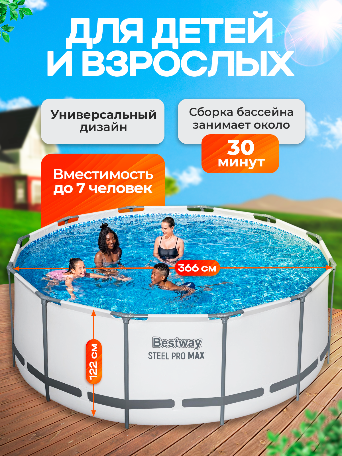 Бассейн каркасный круглый Bestway 56420 Steel Pro Max 366х122 см с фильтром-насосом, лестницей, тентом, картриджем — фото 1