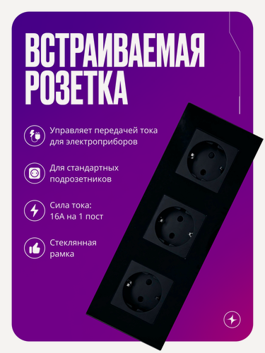 Изображение товара Розетка тройная встраиваемая на 16 А, 3 поста, черная со стеклянной рамкой, заземлением и шторками