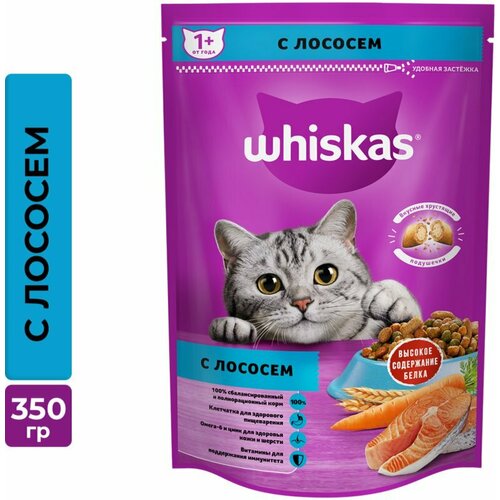 фото Корм сухой whiskas полнорационный для взрослых кошек «вкусные подушечки с нежным паштетом. аппетитный обед с лососем», 350г