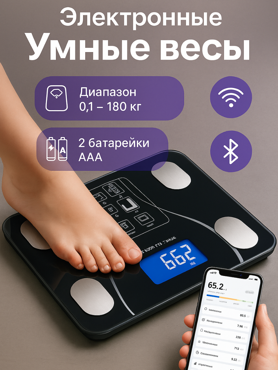 Весы напольные умные с приложением, электронные весы на батарейках, макс вес 180 кг.