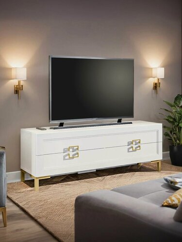 Изображение товара Тумба под телевизор столплит Ассоль СБ-3433 на ножках с 2 ящиками ЛДСП, Белый/МДФ Белый, 150х52х41 см.