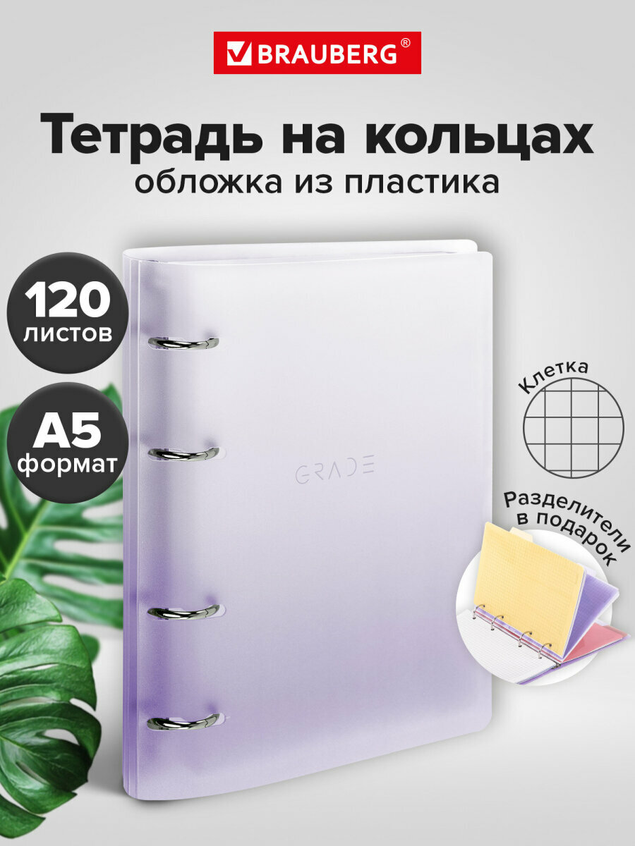 Тетрадь на кольцах со сменным блоком А5 175х220 мм, 120 листов с разделителями, Brauberg, Фиолетовый, 404627
