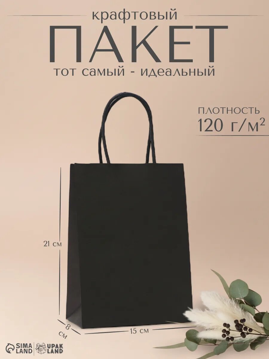 Подарочный пакет крафт черный круглая ручка 15×21×8 см 120 г для упаковки подарка на Новый Год