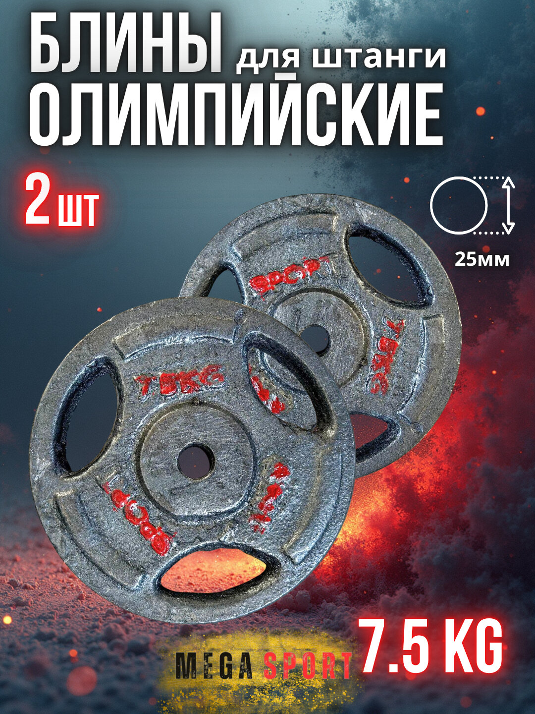 Штанги 2,5 - 5 - 7,5 - 10 кг, 2 шт, отверстия 2,5 и 50 мм, олимпийского типа 7.5_25