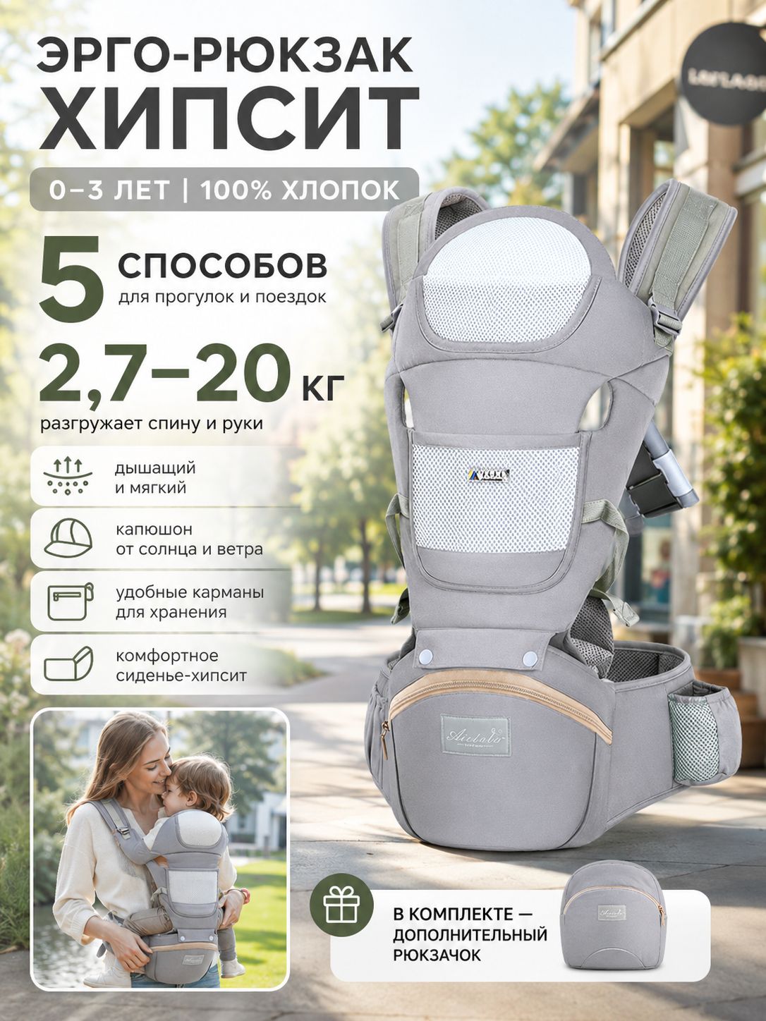 Эргорюкзак для малышей от 0. Слинг для новорожденных с 0. кенгуру переноска хипсит сиденье