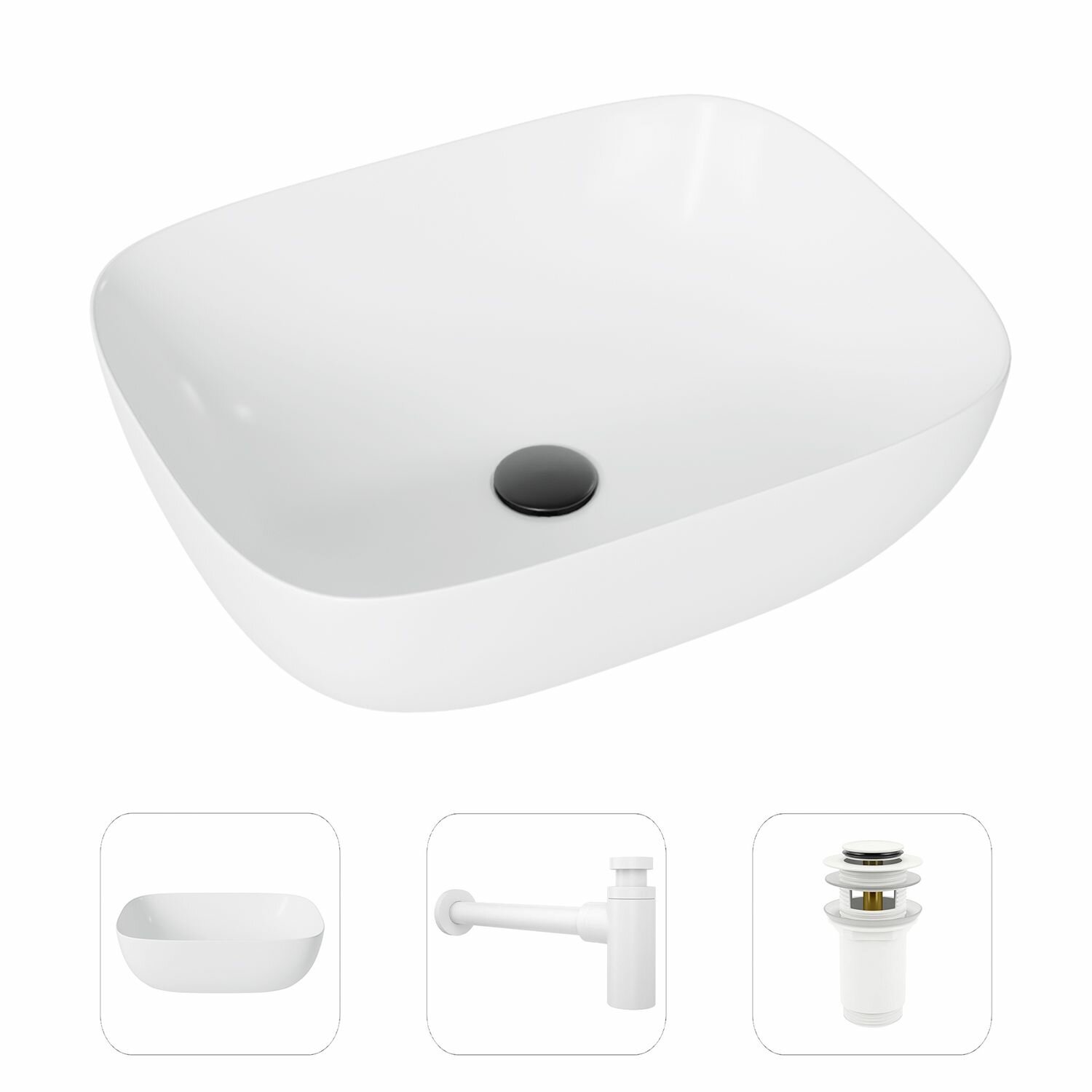 Накладная раковина в ванную Helmken 49349000 комплект 3 в 1: умывальник прямоугольный 49,5 см, сифон и донный клапан click-clack в цвете белый