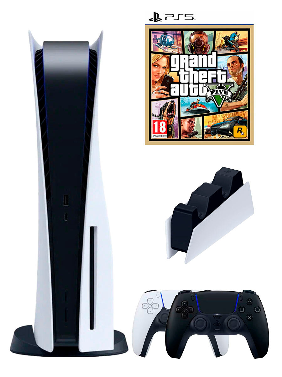 PS5 (ПС5) Игровая приставка Sony PlayStation 5 ( 3-я ревизия) + 2-й геймпад(черный) + зарядное+ игра GTA5
